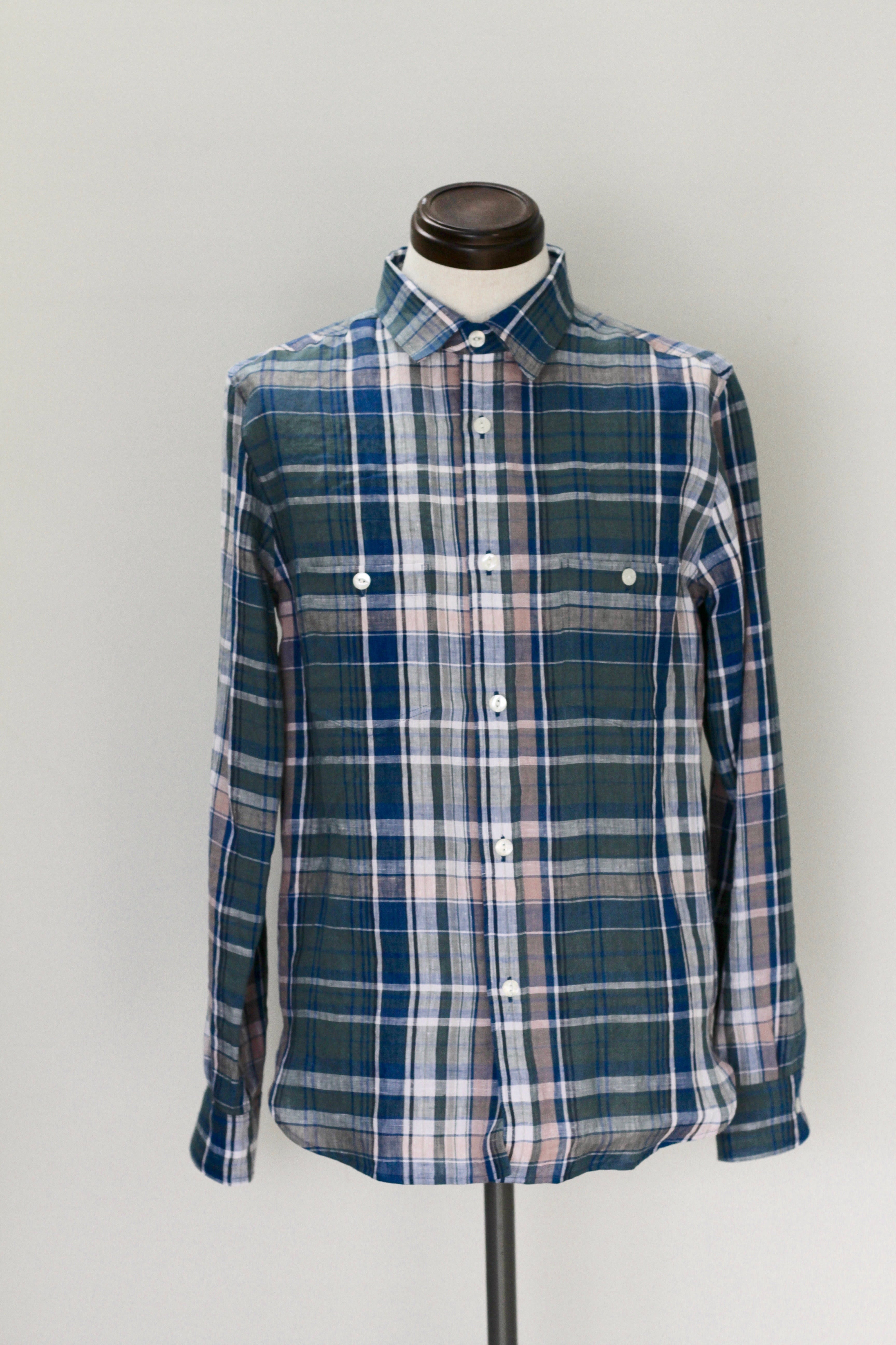 フレンチリネン タータンチェックシャツ （ブルーグリーン