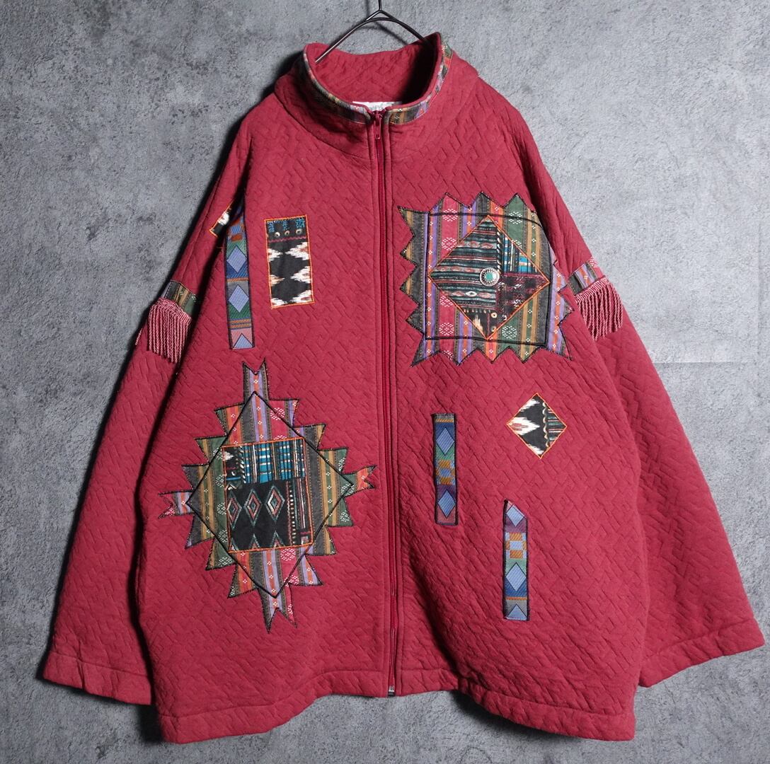 Wine red native pattern fringe zip jacket