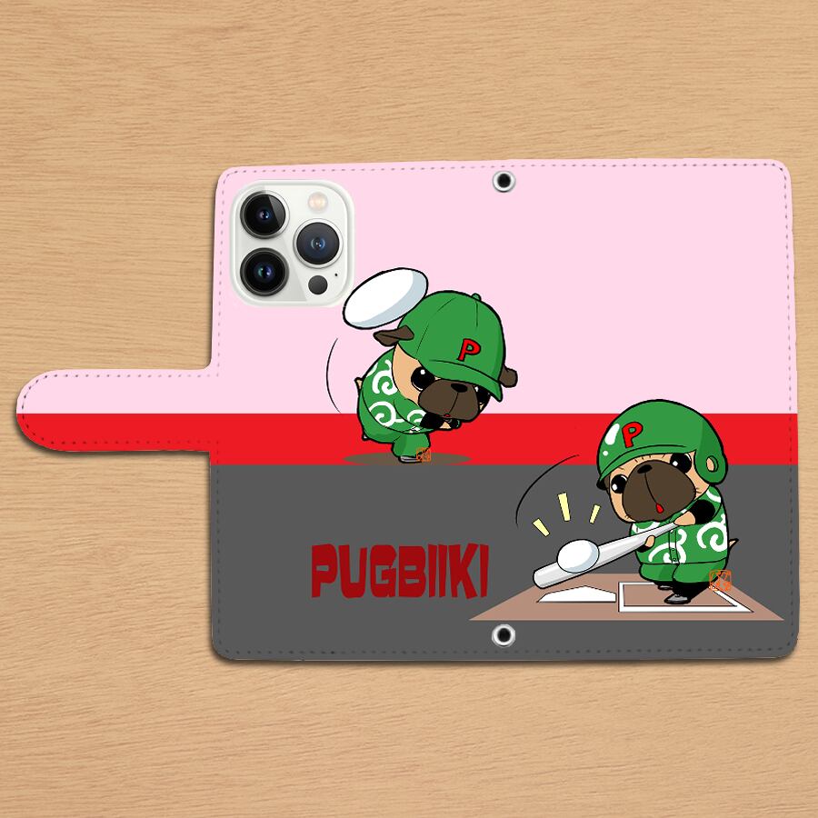 スタンド付き 両面印刷 手帳型 iphoneケース 野球パグ（フォーン）