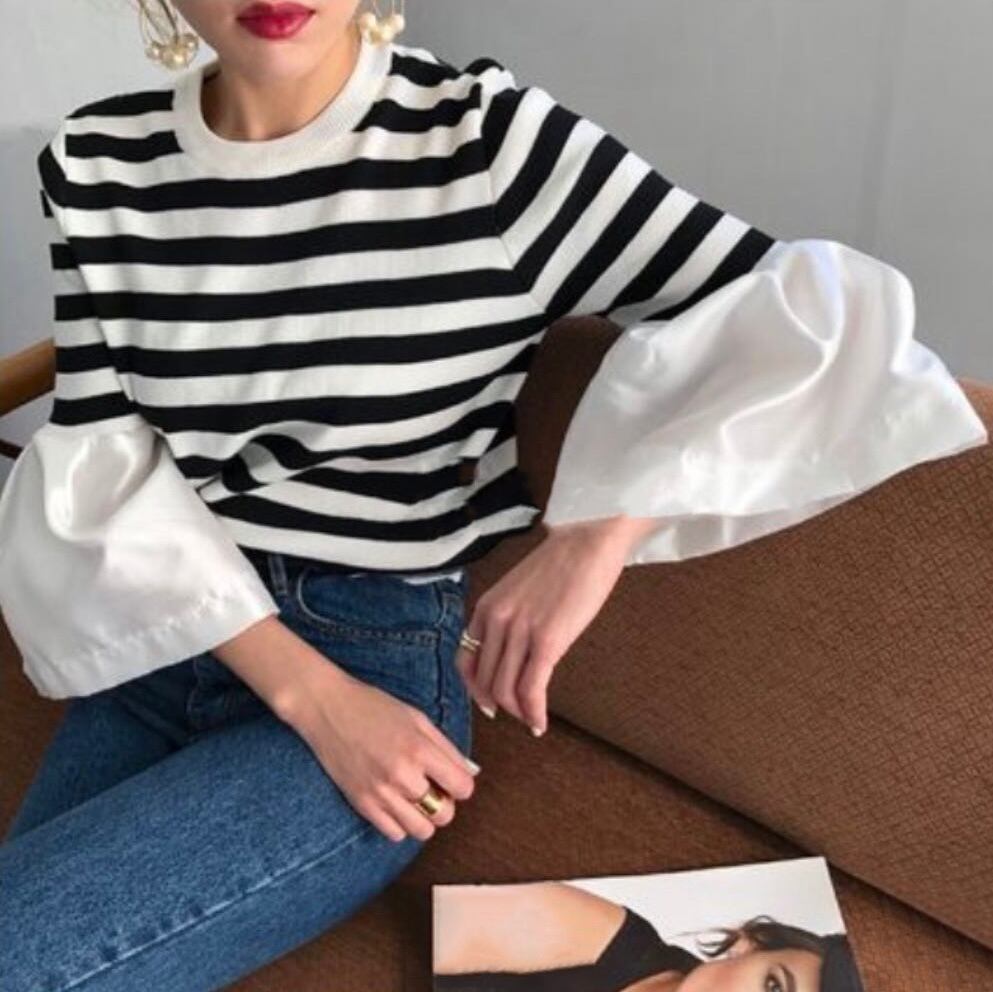 異素材ミックスボーダーニットトップス