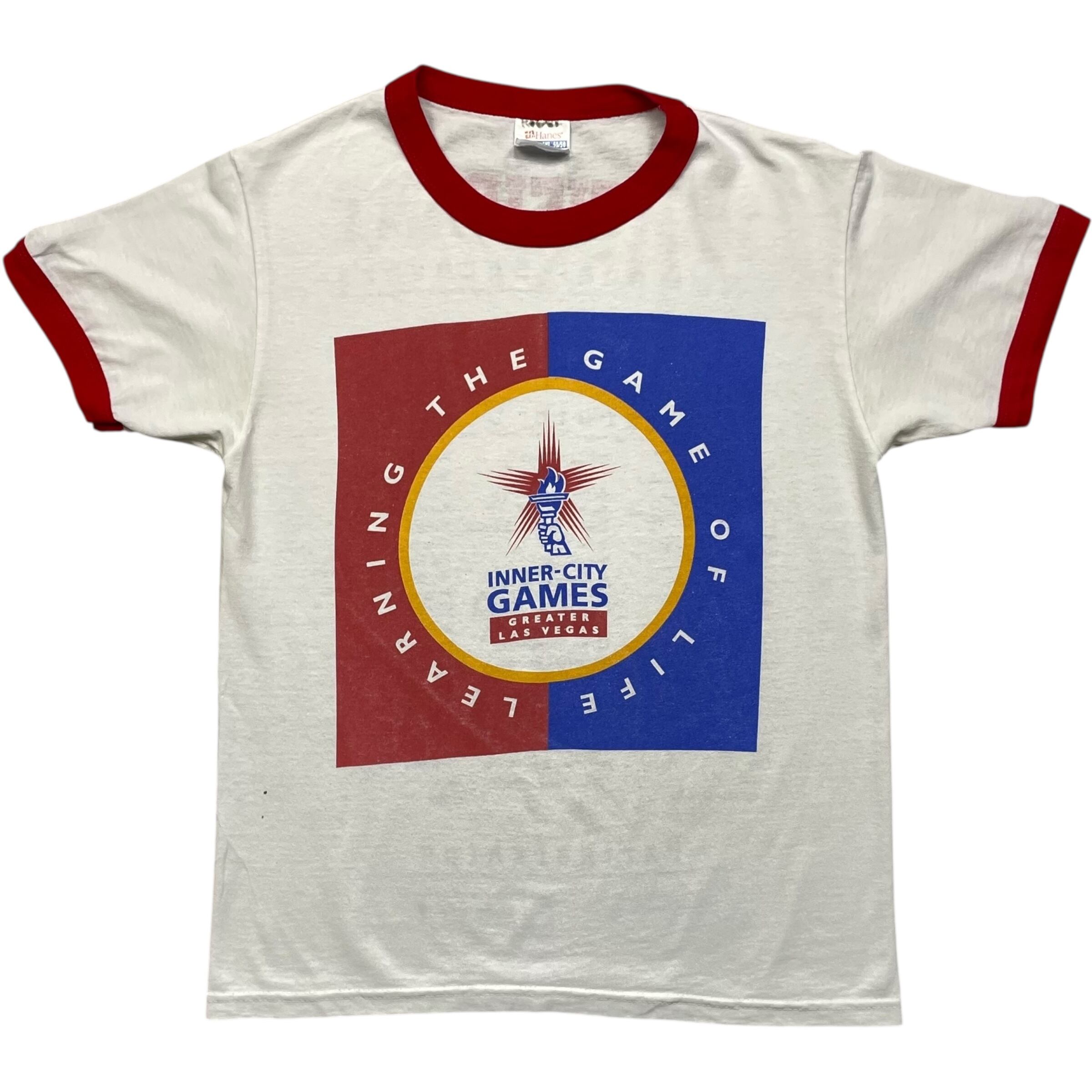 《M》 Hanes ヘインズ リンガーTシャツ インナーシティーゲームズ プリント ホワイト no.8379