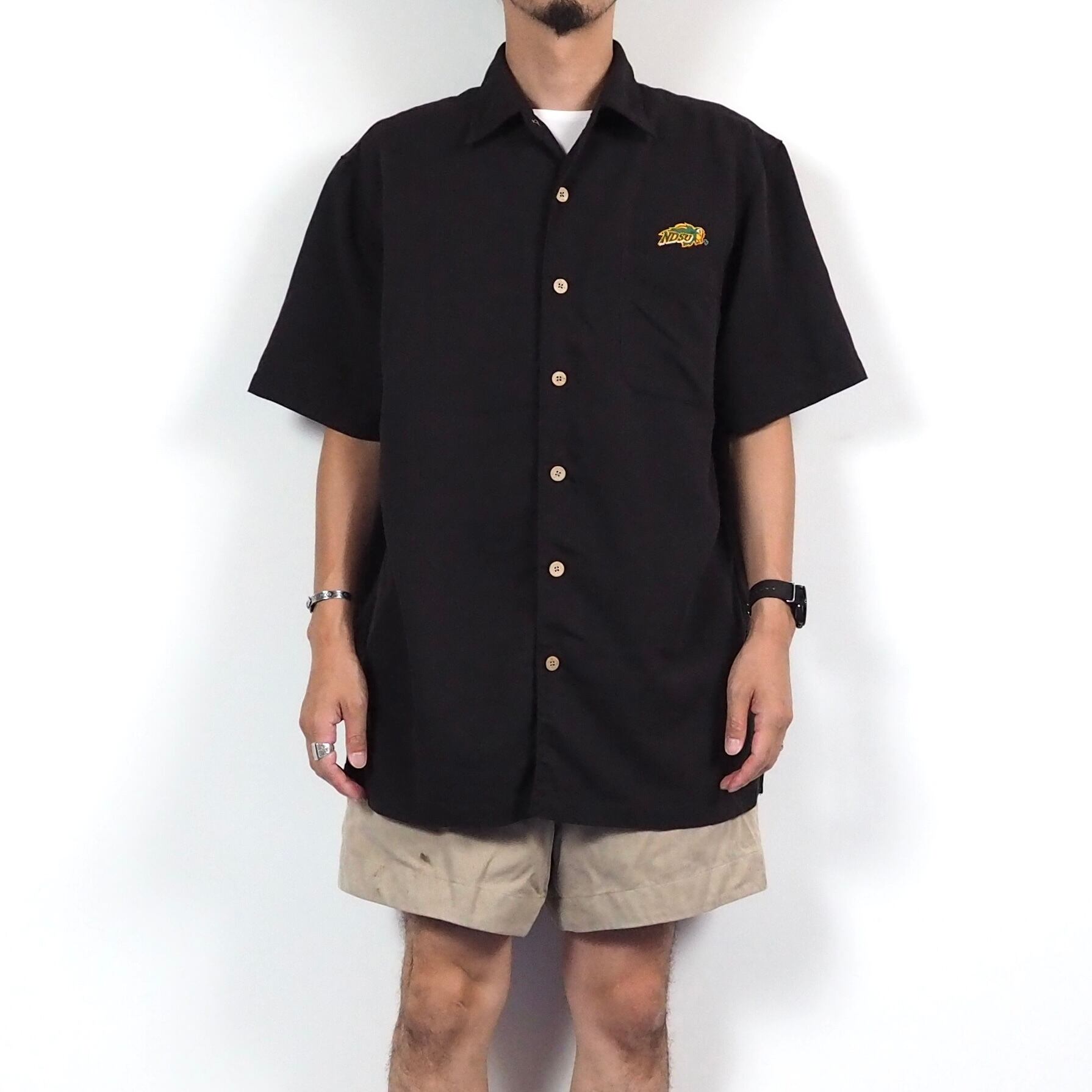 NDSU college logo embroidered S/S shirt rayon/black カレッジ刺繍 レーヨン半袖シャツ