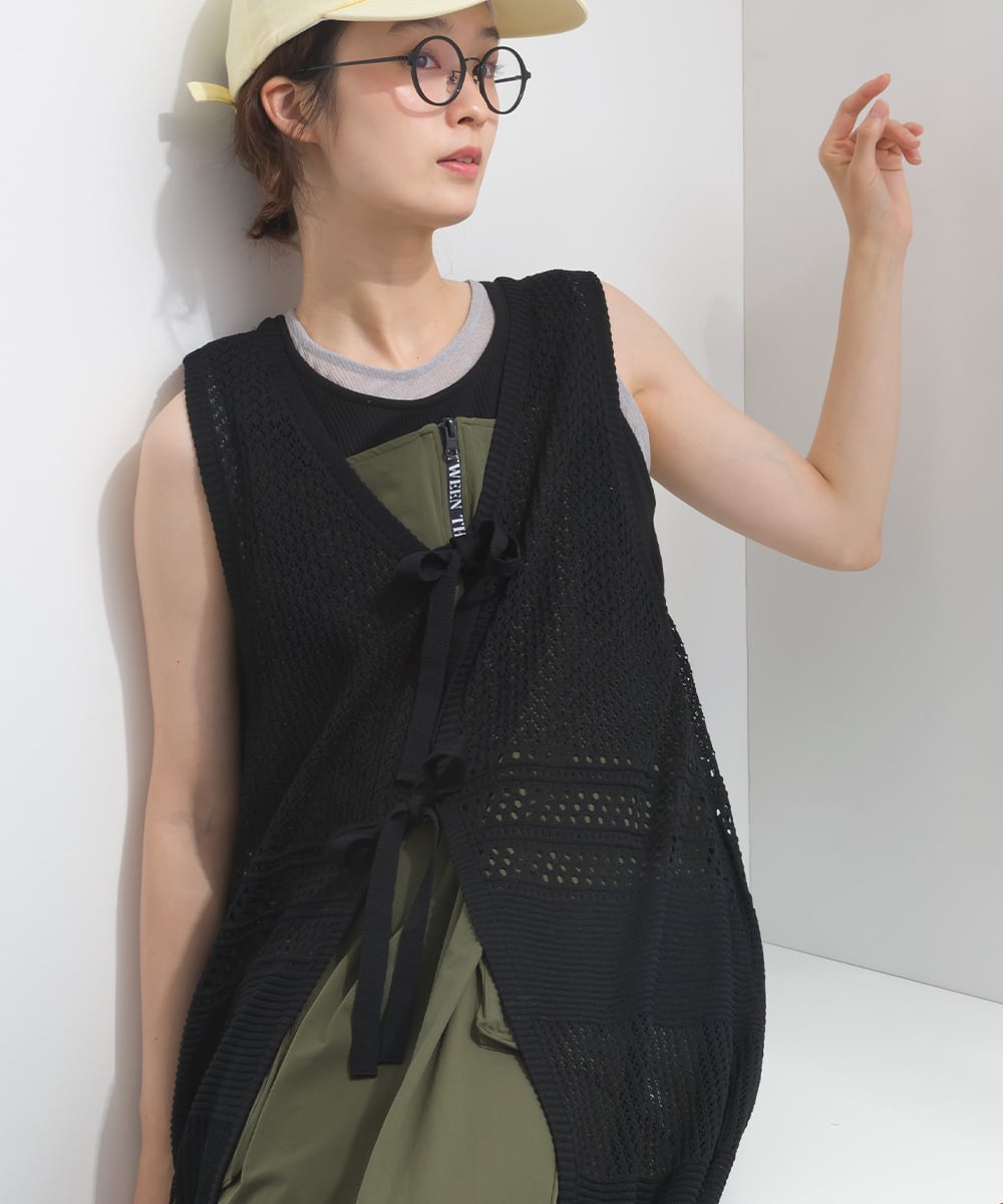 P262050 編み地切替ロングニットジレ / Pattern Knit Long Vest Dress