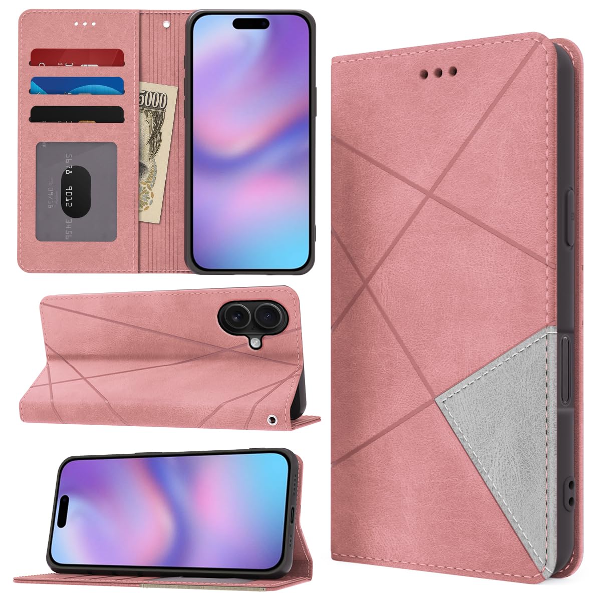 caiyunnlai iPhone 17 用 ケース 手帳型 財布型 耐衝撃 いphone 17 対応 スマホケース カード収納 横置き機能 あいふおん17 対応 携帯カバー 横置きスタンド機能付 ラップホール付き マグネット内蔵 擦り傷防止 肌感レザー 防水 耐摩擦 ファッション (ローズゴールド)