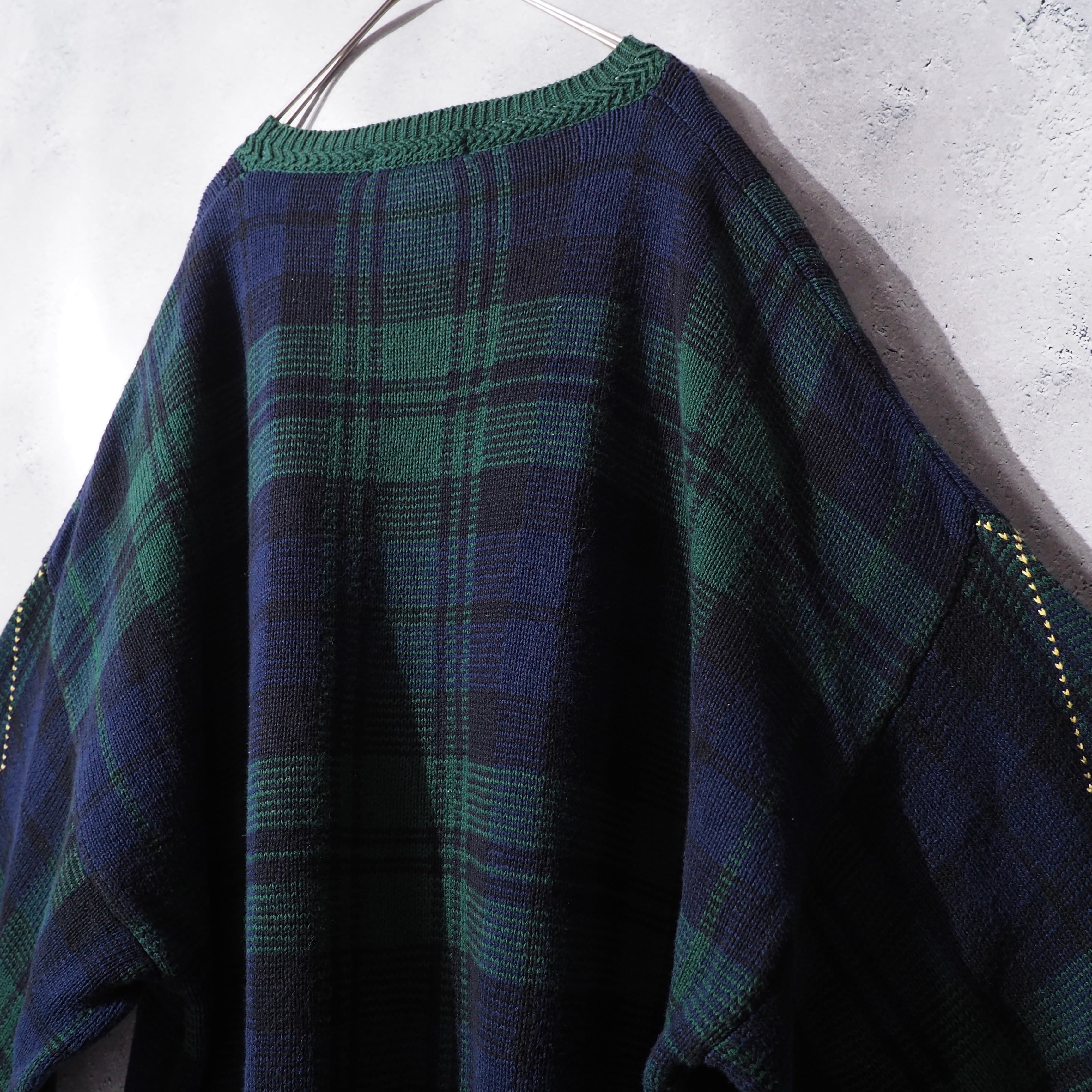 1990s " Nautica " Green check × Love Rhombus vintage loose knit