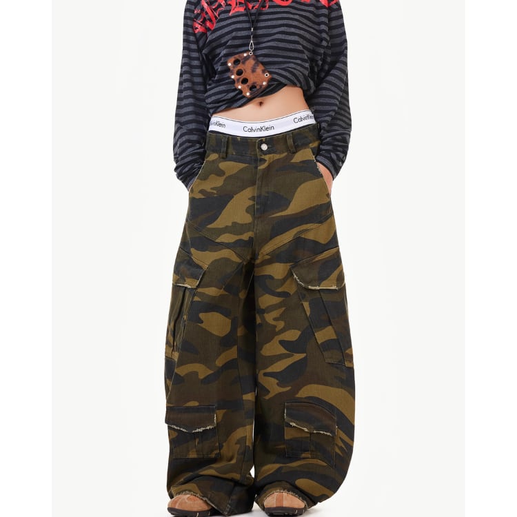 迷彩柄 カーゴ オーバーサイズ フルレングス パンツ L00136