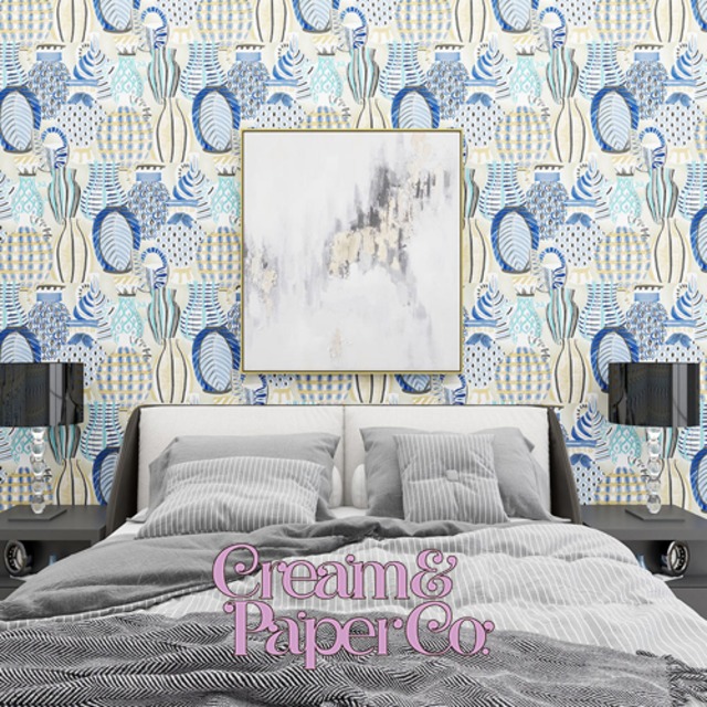 ウォームグレー×ブルー・ライトブルー つぼ柄 FL1-778603MT for DIY 53㎝×10m リピート64㎝