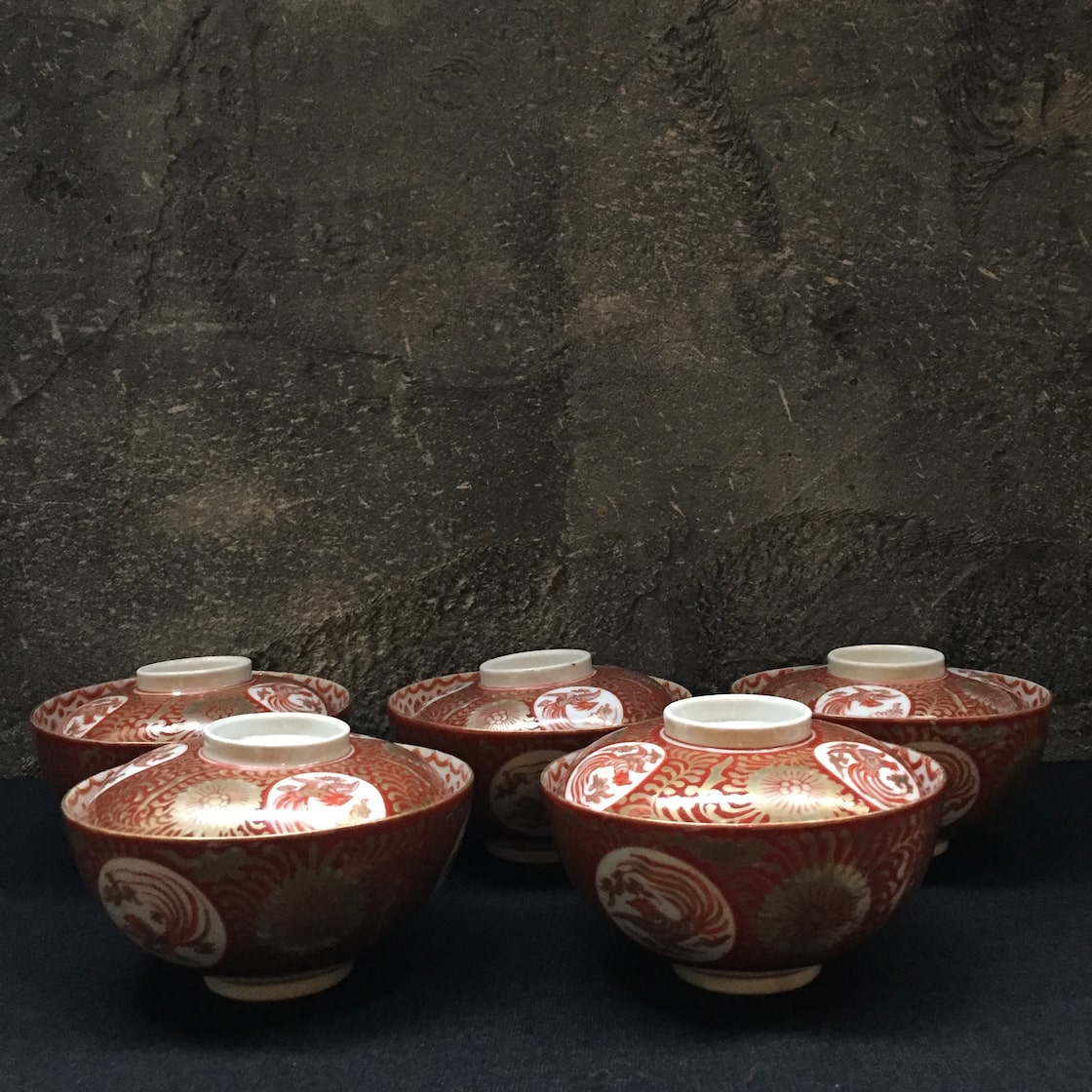 Japan Vintage 明治 古 九谷 赤絵 金彩 金襴手 鳳凰 唐草花鳥 文 茶碗 