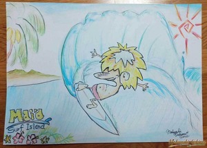 イラスト通販★原画（1点限り）『Hawaii de Surfing♥（ハワイでサーフィン）』by Mai'a サーフアイランド（イラスト画 2022年10月13日製作）