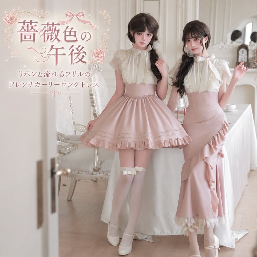 薔薇色の午後 リボンと流れるフリルのフレンチガーリーロングドレス