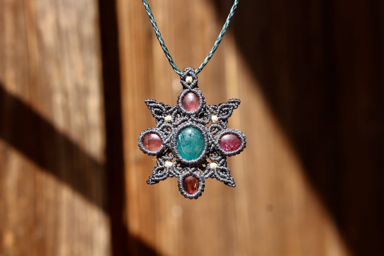 Blue Apatite & Pink Tourmaline micro macrame mandala pendant