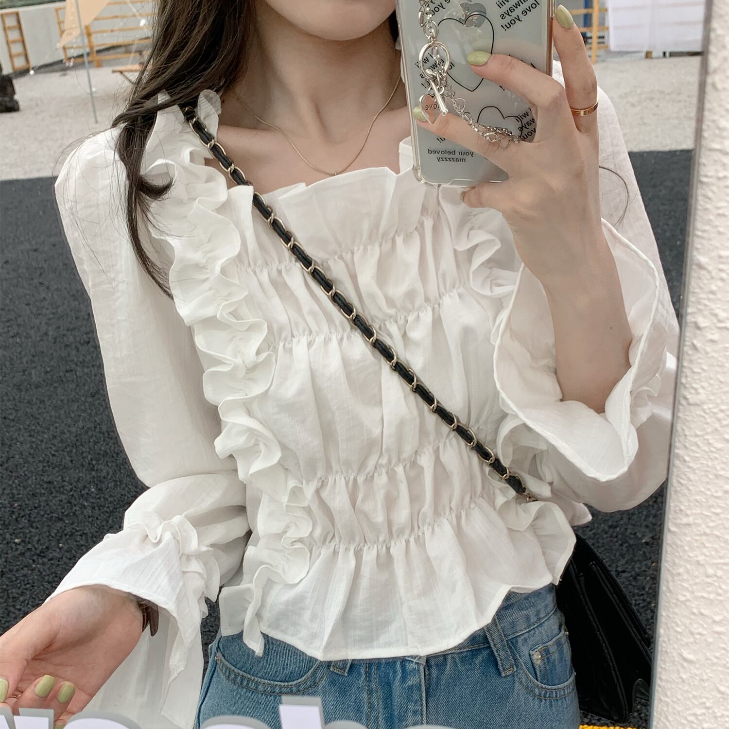 スタンダードレースカラースリーブシャツ スプリングソリッド 長袖トップス ロング レトロ 春物 ソリッドカラー スクウェア ドラファッションホール84426648660