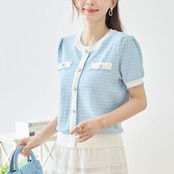 TRUBE ツイード調格子配色パイピングジャケット風ニットトップス【M~L】ブルー