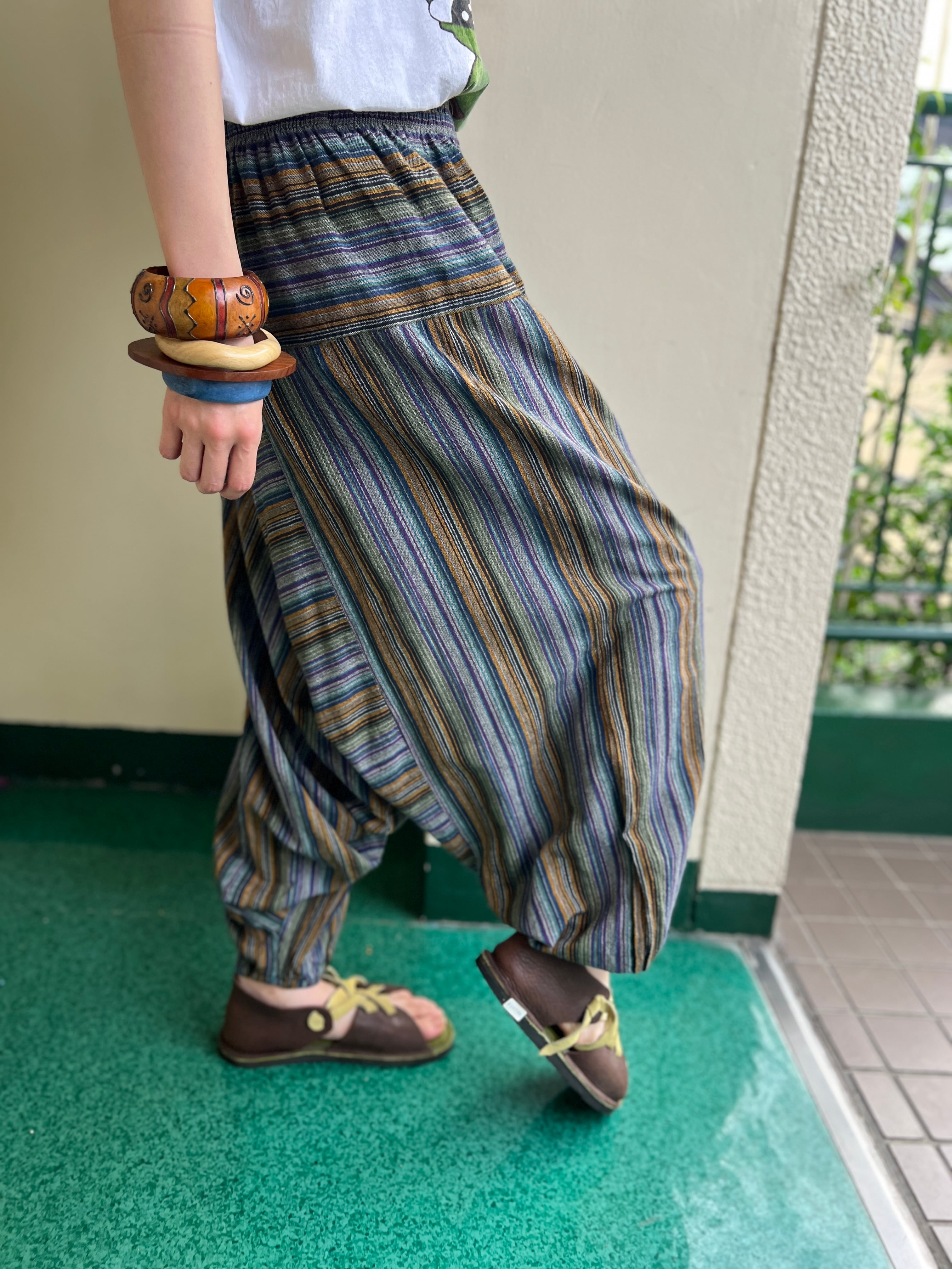 NEPAL製 レイバーデザイン サルエルコットンパンツ Vintage Nepal stripe cotton pants ( ヴィンテージ ネパール
