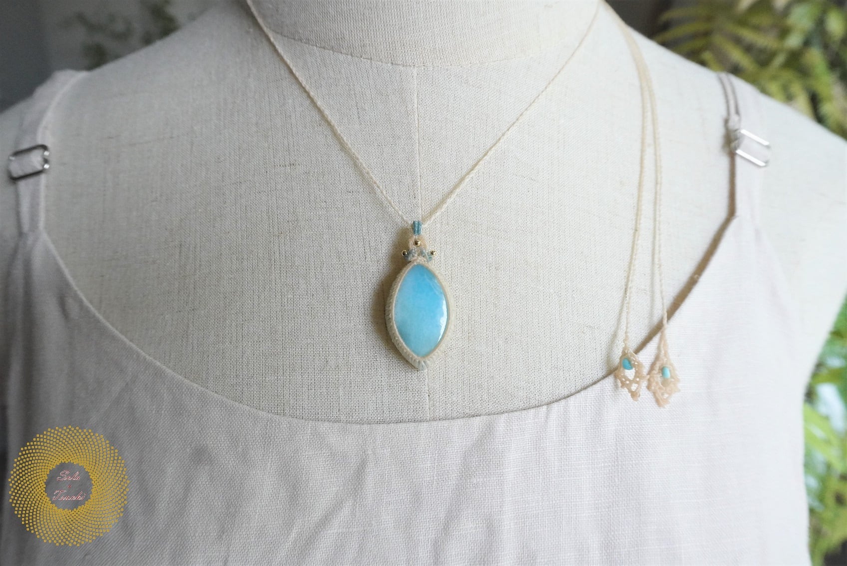 チョコレートラリマーとパールのマクラメ編みネックレス　ペンダント ワックスコード）ラリマーのマクラメ編みペンダント 〜晴れた空