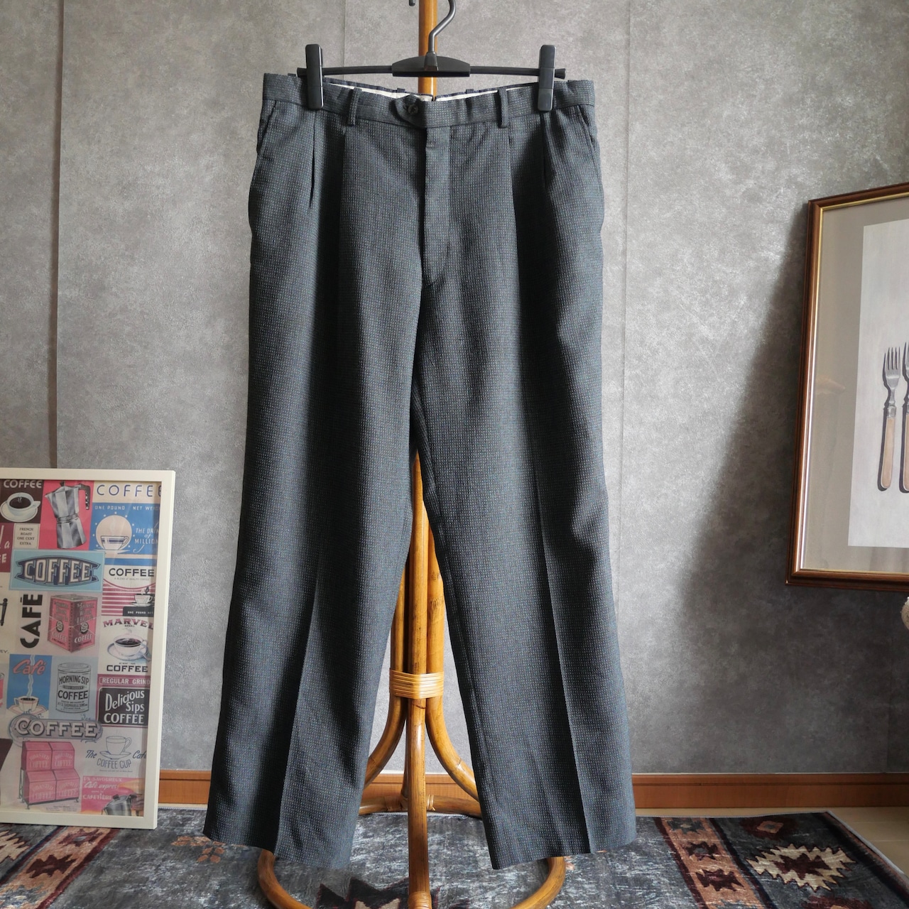 70~80s hopsack weave wool slacks made in romania