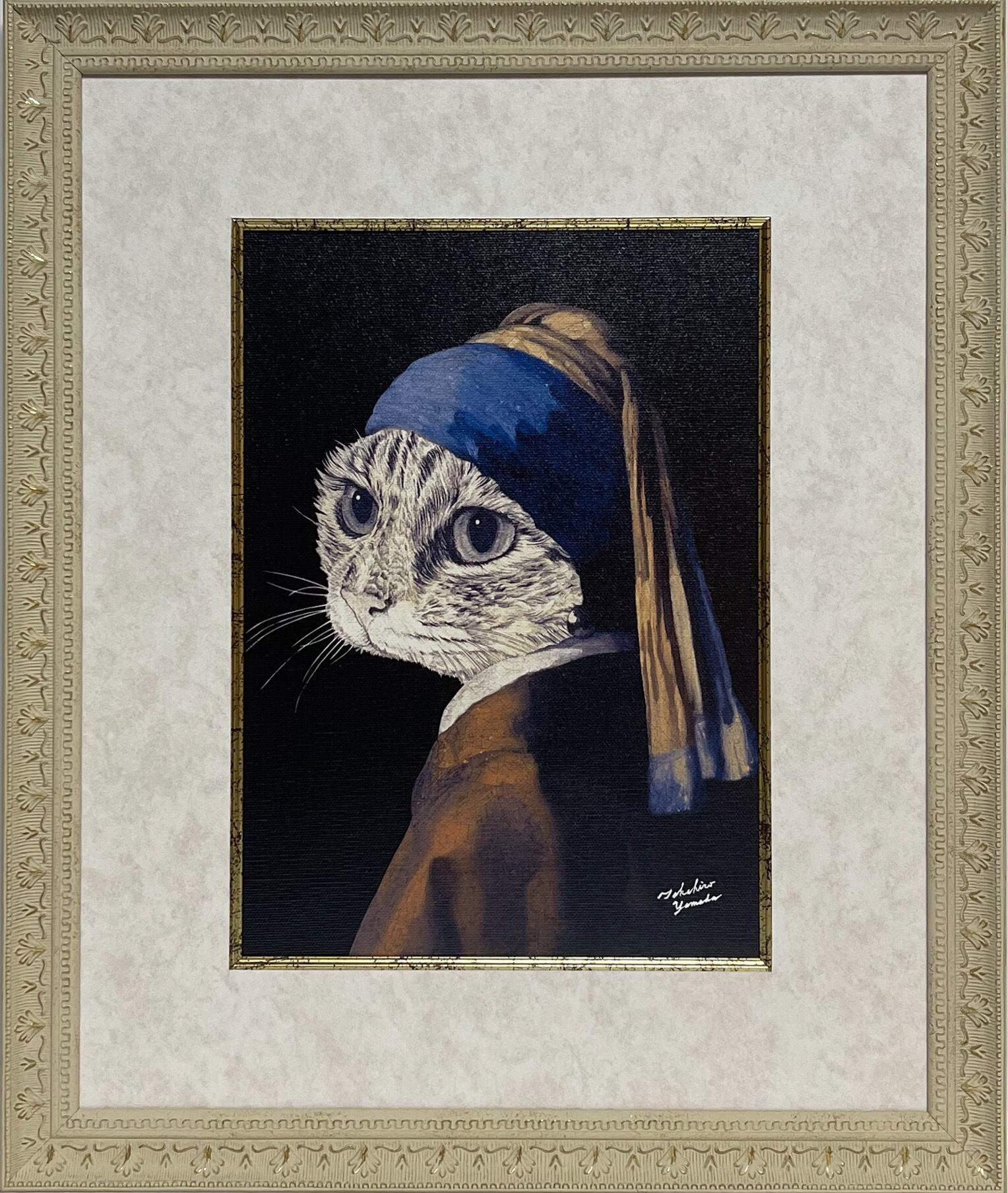 猫 原画 A4 簡易額装 原画：宙を歩く～光を知った猫～（サイズ：F8号（額縁含む 横450mm×縦