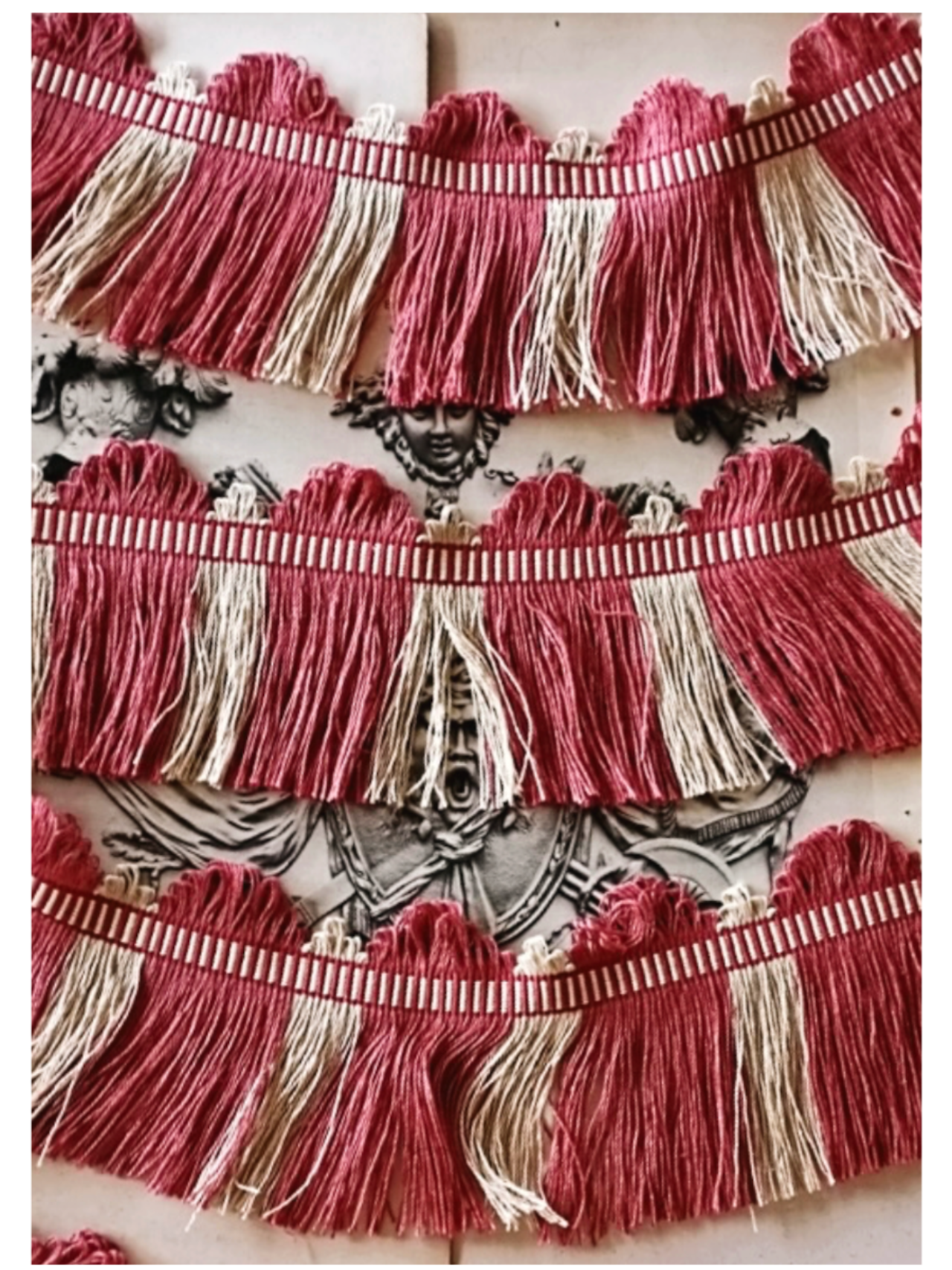 フランス 50x11c リネン 薄曇りの木苺とフリンジブレード ヴィンテージ