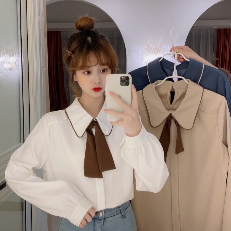 シャツ スプリングルーズトップス ロング リボン 春物 試着室20734368625