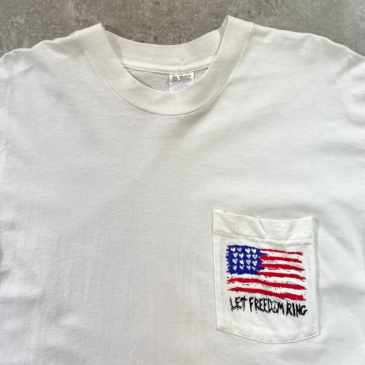 90年代 USA製 LET FREEDOM RING プリントTシャツ 胸ポケT メンズM~L