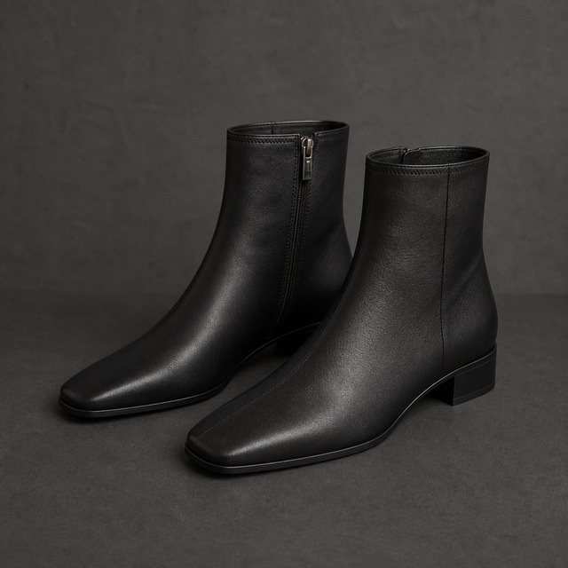 ブラックレザーのショートブーツ