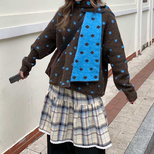 polka dot muffler set knit cardigan【3color】  e1758