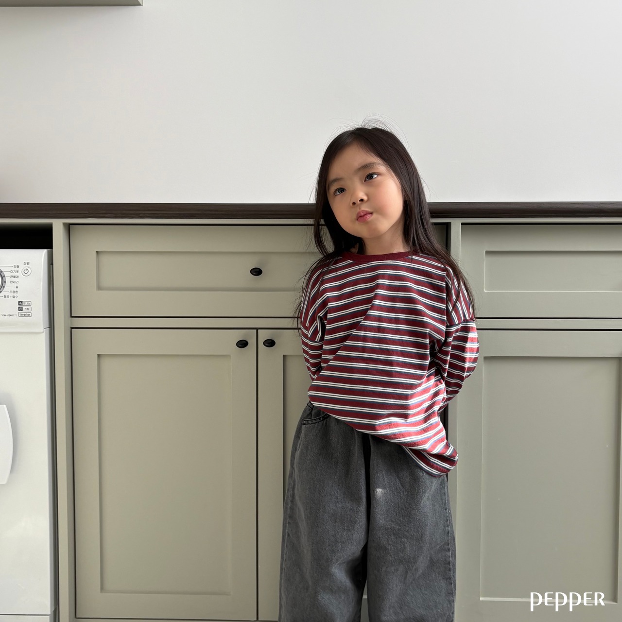 PEPPER 26/SP(Mom) Pepper-speckled striped T-shirt