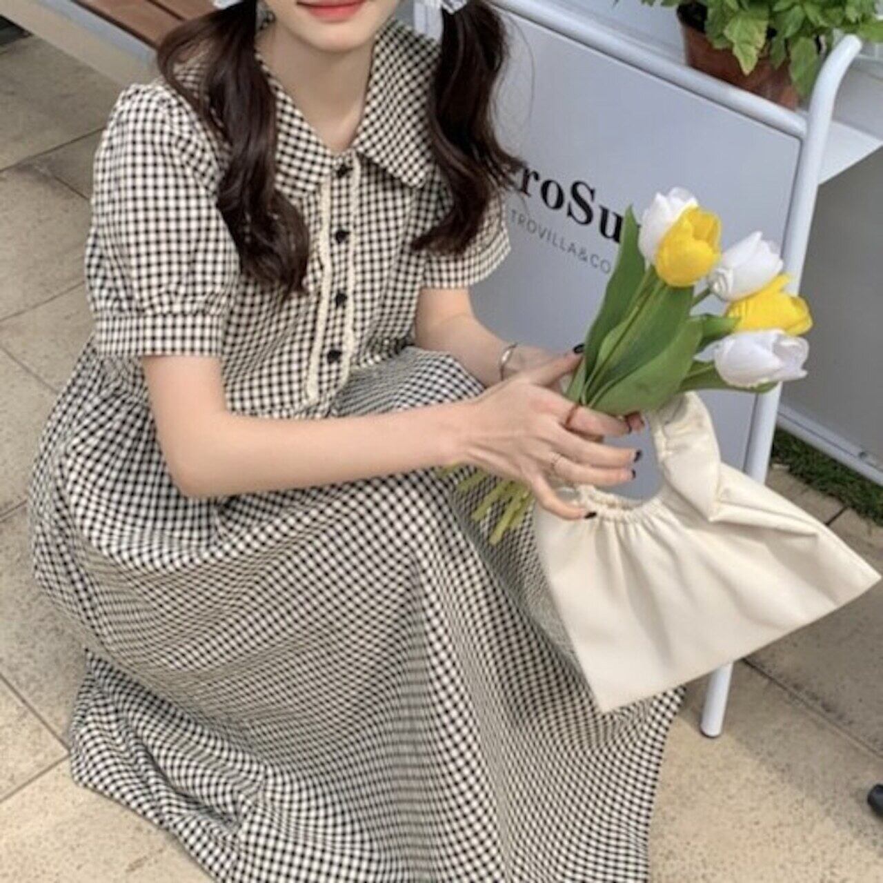 チェック柄ワンピース 襟付きワンピース ガーリー 通学 カジュアル