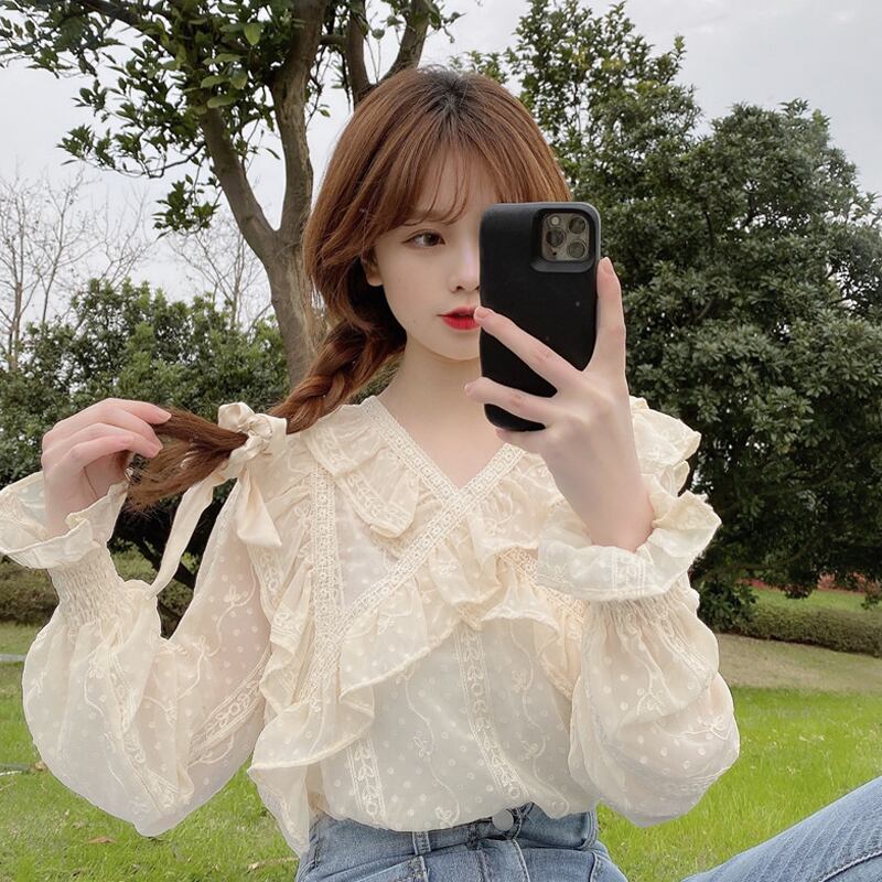 シフォンシャツ レディースサマーレーススタイルVネックコート 大人ガーリー スウィート キュート カジュアル 夏物 スーパーモール71013926673