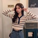 ✞ シャツブラウスVネックスリムストライプショートニットトップス ロング ステッチ ✞ゴスロリ SM ミリ 甘ロリ クラロリ 和ロリ エレガント 黒ロリ 姫ロリ 華ロリ BB-BB52777819658