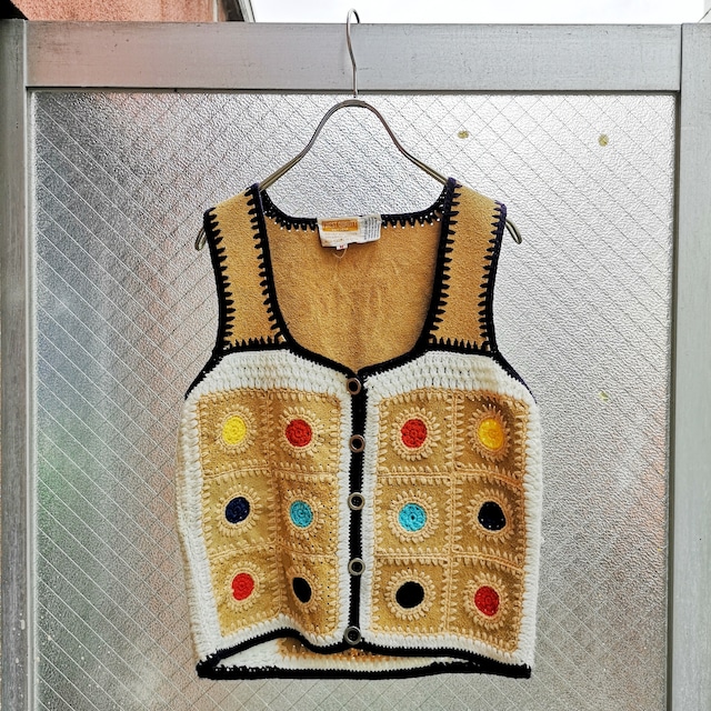 70's~ crochet × leather vest