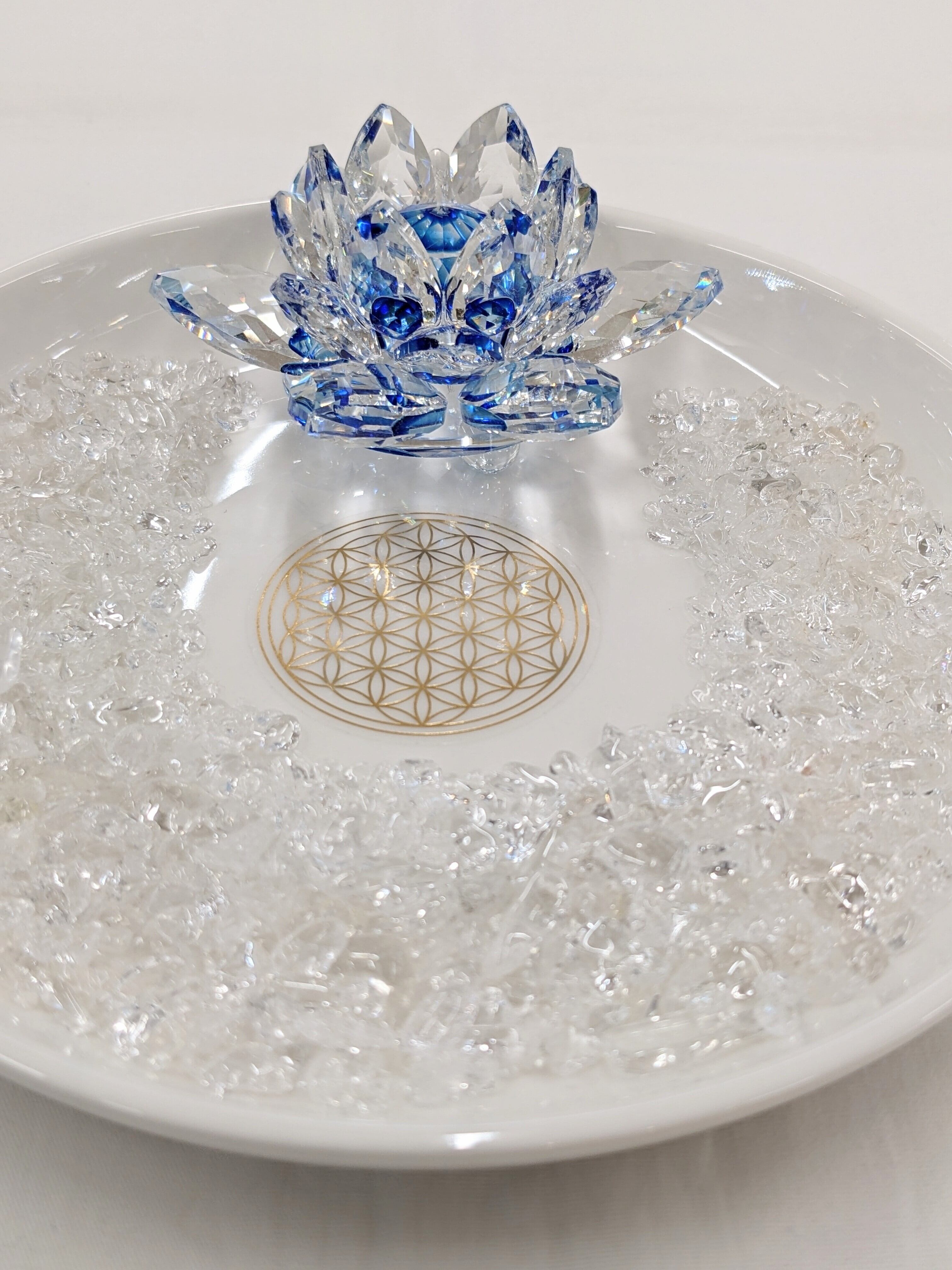 ブルーロータスサンキャッチャー フラワーオブライフ浄化皿 水晶チップ