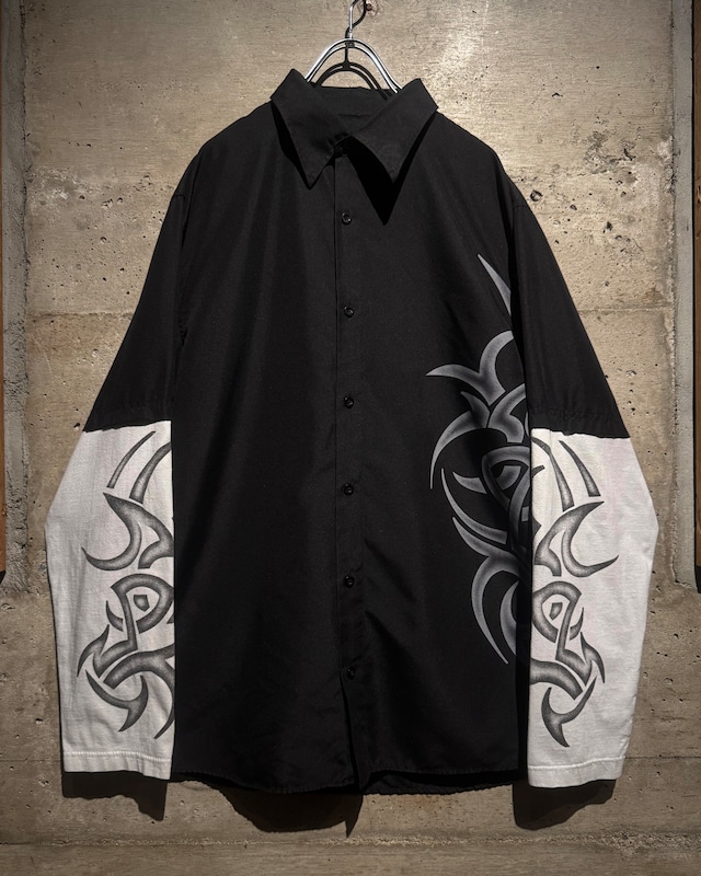 【Caka】Tribal Print Layered Design Loose L/S Shirt