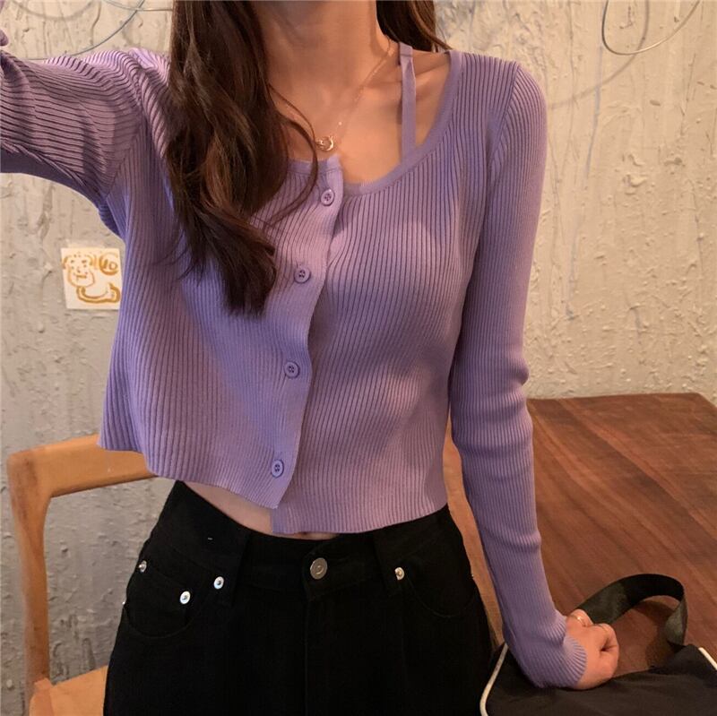 2020年の初秋、不規則に露出した鎖骨の長袖ニットカーディガン女子学生ショートトップ クレセントシティ75590801894