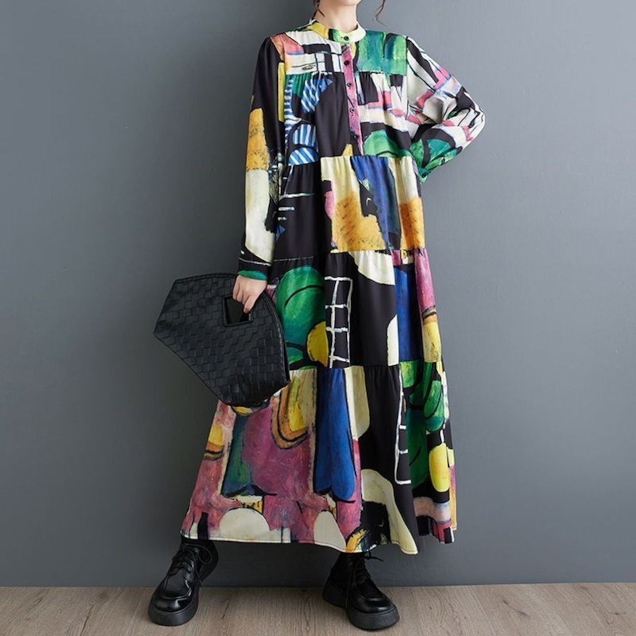 抽象柄 ボタンフロント ワンピース 00096