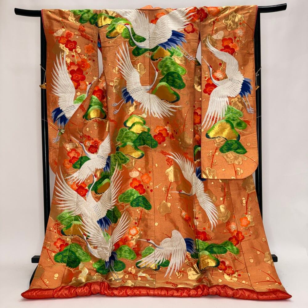 色打掛 正絹 鶴 刺繍 オレンジ 打掛 花嫁衣裳 ポリエステル リサイクル 中古 ブライダル ウエディング 着物 6093