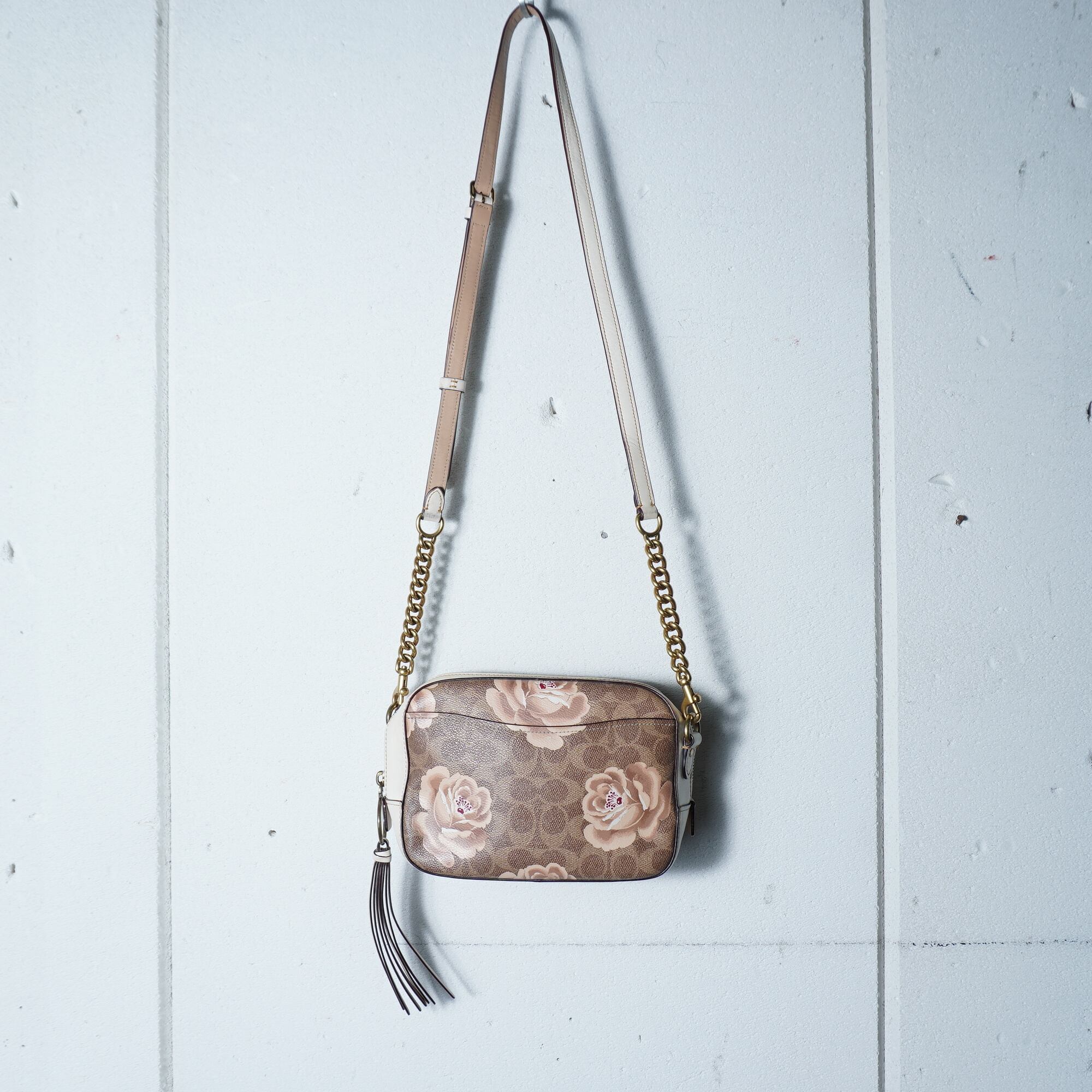 COACH】コーチ 花柄・シグネチャーレザーショルダーバッグ white&brown