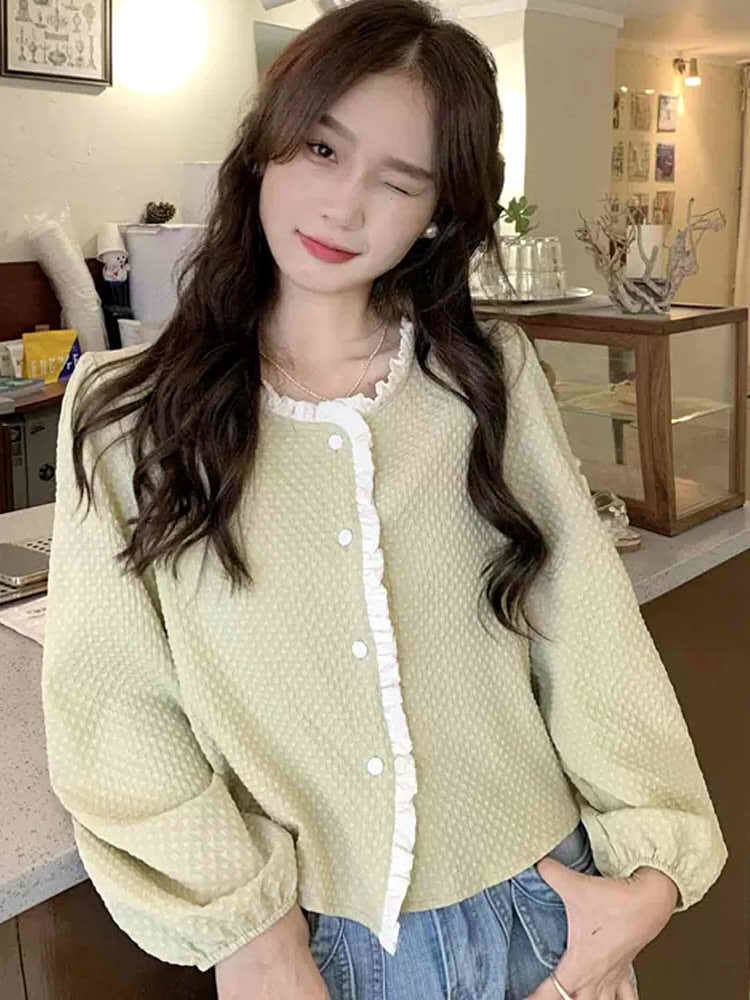 凹凸生地フリル縁取りカーディガン きれいめコーデ 可愛い おしゃれ 羽織り 長袖 シャーベットカラー 大きいサイズ 韓国 Ch5284 可愛い大きい サイズ韓国レディースファッション通販 Chulachula チュラチュラ