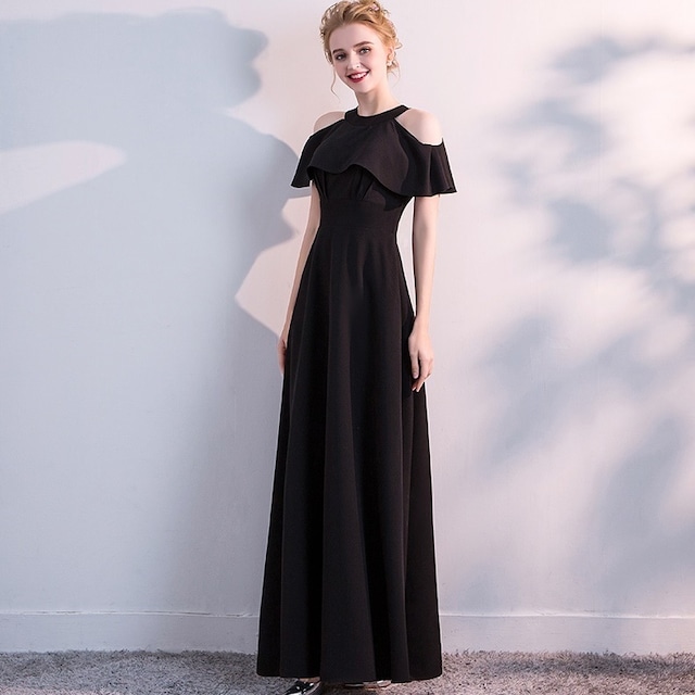 パーティードレス ホルターネック 肩だし オープンショルダー ロング マキシ丈 フレア 無地 半袖 フェミニン エレガント パーティー 女子会 結婚式 二次会 お呼ばれ ワンピース フォーマル 2018年新作 婚活パーティー 披露宴 ウェディング 演奏会
