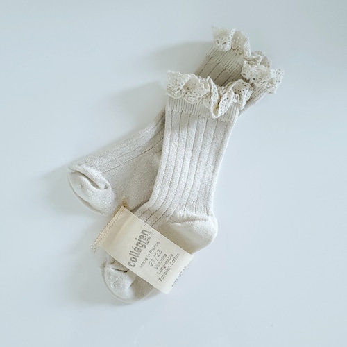 Collegien- Victorine Glitter Ribbed Crew Socks with Lace Trim / Doux  Agneaux