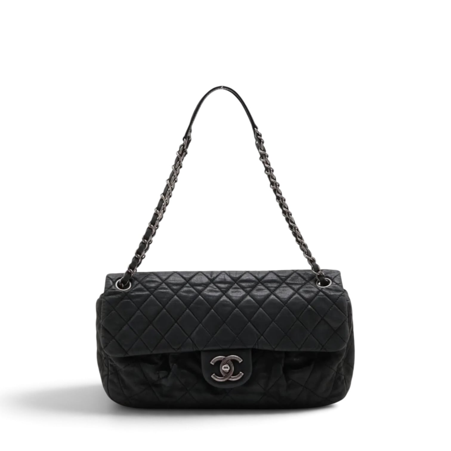 Rare◇CHANEL Matelasse Leather Black Single Flap Double Chain Bag 14520808 14 994