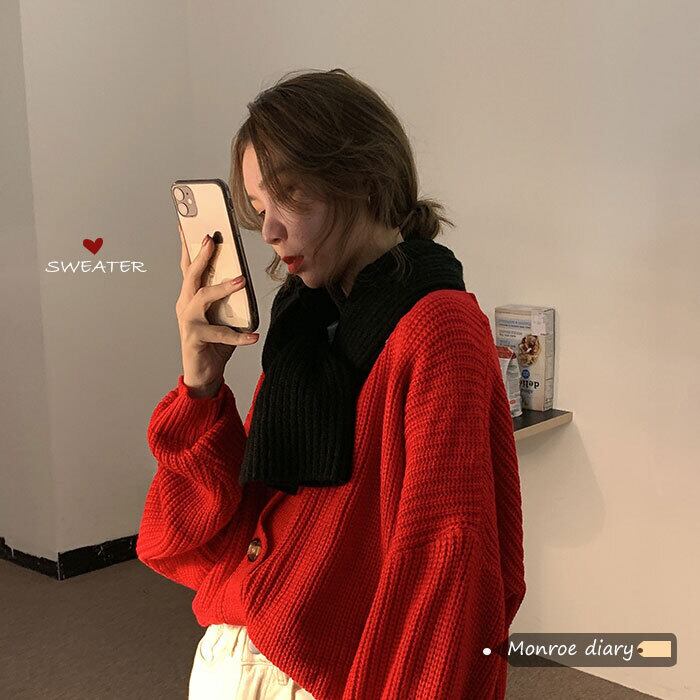 ルーズレッドニットカーディガンスプリングVネックセーター コート ジャケット レディース 春物 モンロー93633147888