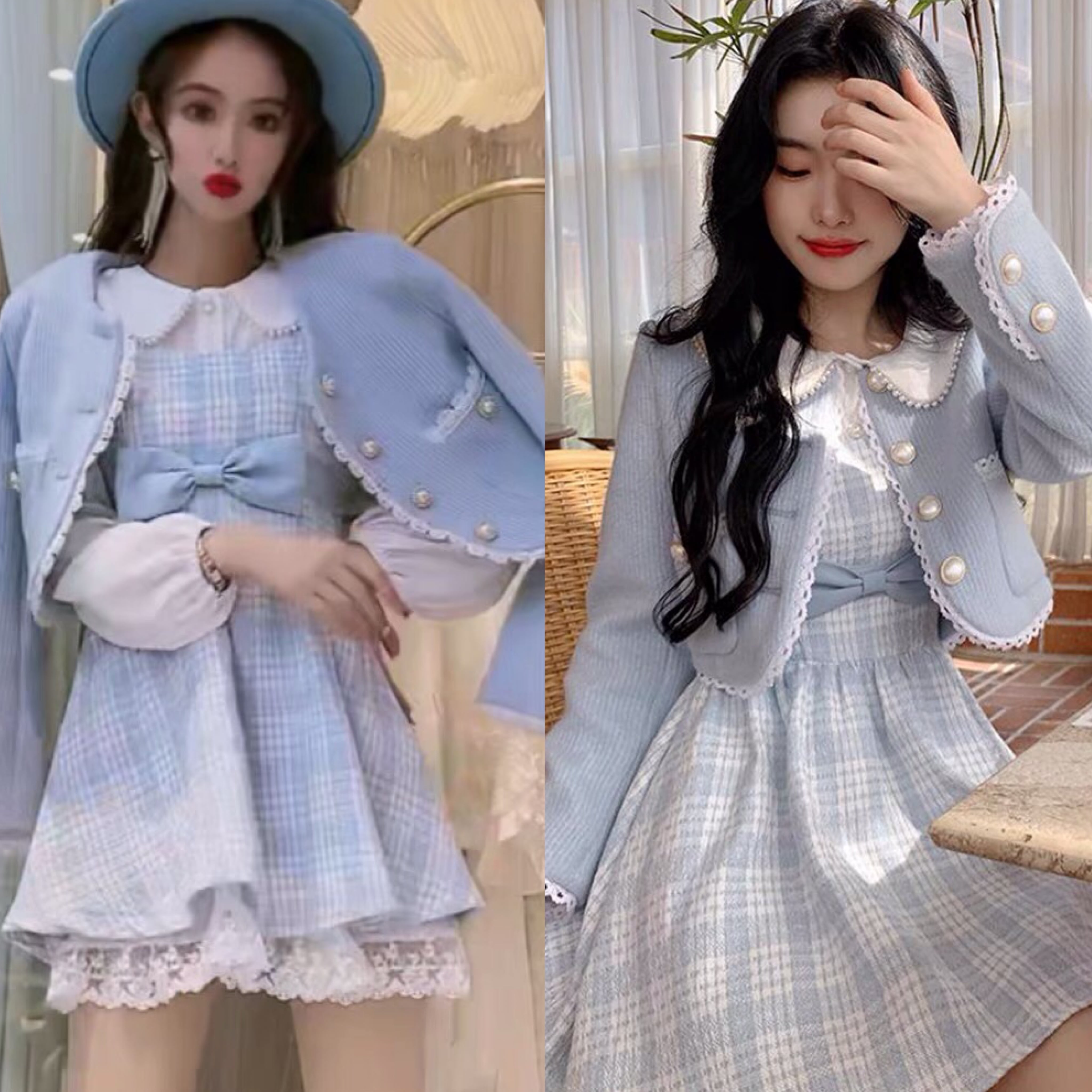 3セット】チェック ガーリー お嬢様 姫 可愛い 水色 リボン