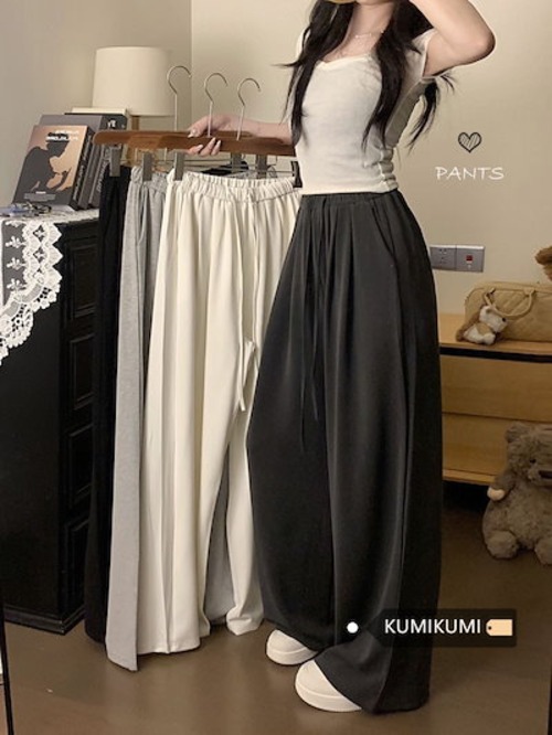 2025春夏 パンツロング丈 ハイウエストゆったりストレートモップパンツウエストゴム 脚長効果美脚効果細見え春カジュアル 黒白韓国系ファッションレディースサイドお出かけおしゃれ かわいい衣装トラック