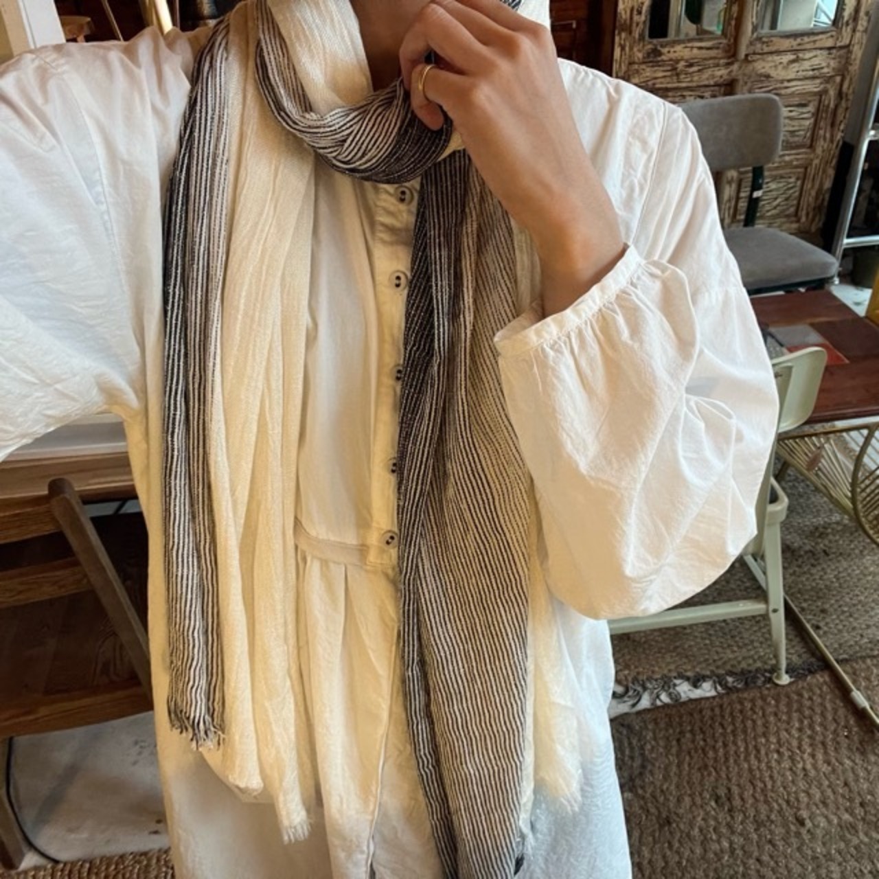 TOPANGA Accessory　Cotton & Linen Scarf コットン＆リネンスカーフ　グラデーションストライプ　ホワイト　scarf　スカーフ　