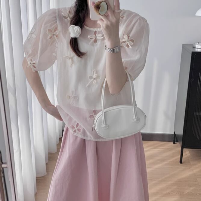 パフスリーブリボンフラワーモチーフシアートップス 00773