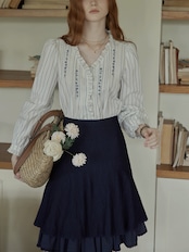 Poésie Bleue Embroidered Ruffle Blouse F0785