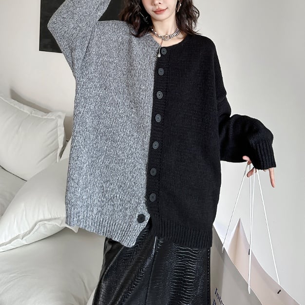 CONTRAST ASYMMETRIC DESIGN ROUND NECK KNIT CARDIGAN 1color M-7852