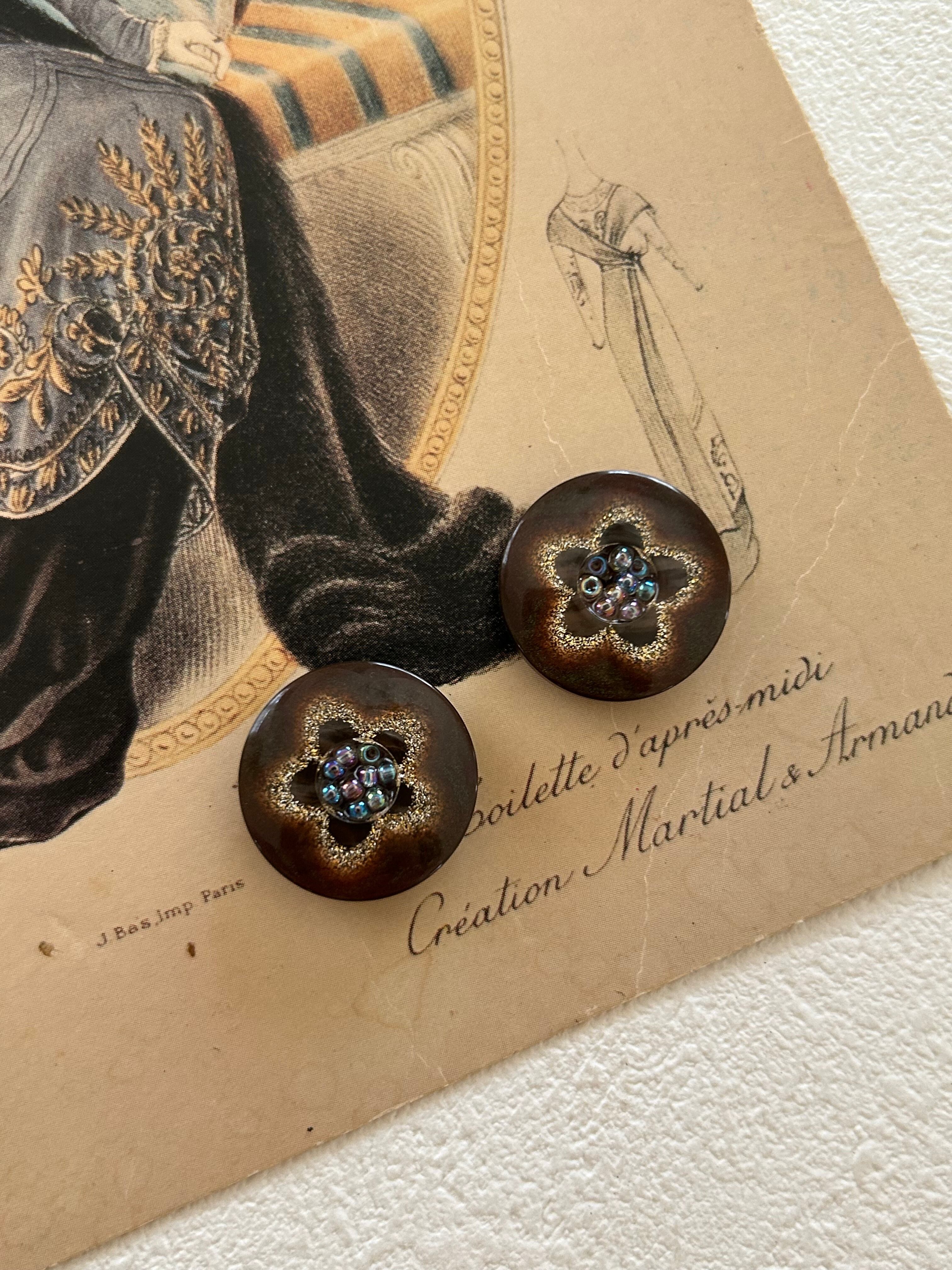 Japanese Vintage ボタン ブラウン×ゴールド ビーズ グリッター 19mm 星型 お花型 昭和レトロ アクセサリーパーツ 装飾材 カルトナージュ