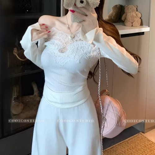 4色／レースデザインスリットスリーブトップス ・74234